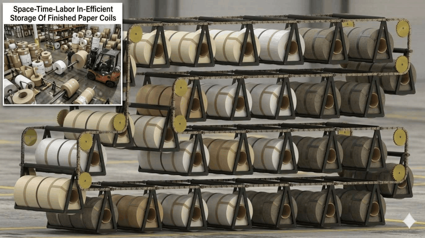 Vertical Carousels For Space-Time-Labor-Damage Efficient Vertical Storage Of Finished Paper Coils In Paper Mills